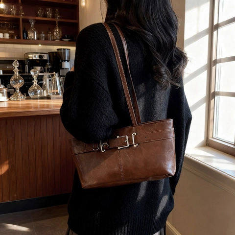 Women Vintage PU Leather Underarm Bag With Belt Buckle Decor Solid Color Baguette Shoulder Bag For Daily Commute Office