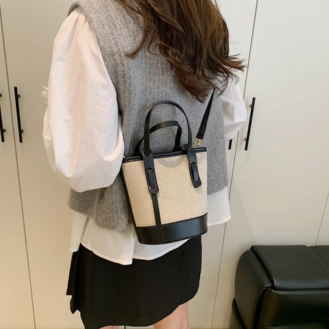 Bolso Cubo de Moda para Mujer Color de Contraste Lona Cuero de PU Retazos Bolso de Hombro Cruzado Bolso Elegante de Viaje
