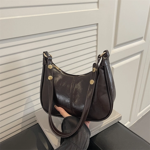 Bolso de Axila de Cuero PU Retro para Mujer Bolso Bandolera Vintage Hobo Color Sólido Diseño con Costuras Bolso de Moda
