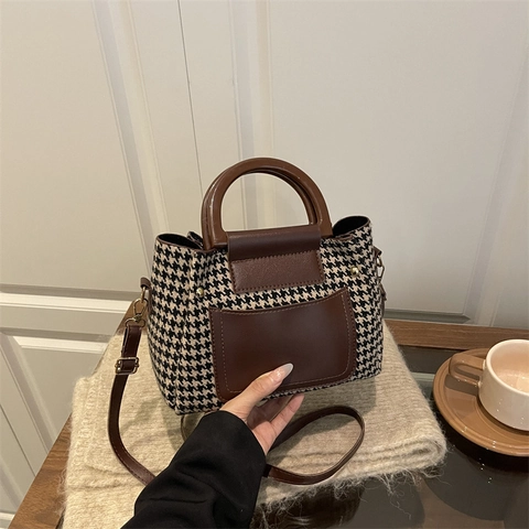 Borsa a Tracolla Vintage Pied de Poule da Donna in Tessuto Retro e Pelle Sintetica Borsa a Mano Casual con Manico in Simil Legno