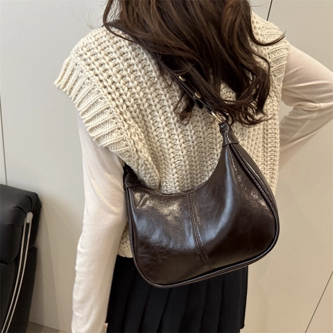 Bolso de Axila de Cuero PU Retro para Mujer Bolso Bandolera Vintage Hobo Color Sólido Diseño con Costuras Bolso de Moda