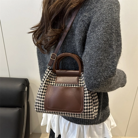 Borsa a Tracolla Vintage Pied de Poule da Donna in Tessuto Retro e Pelle Sintetica Borsa a Mano Casual con Manico in Simil Legno