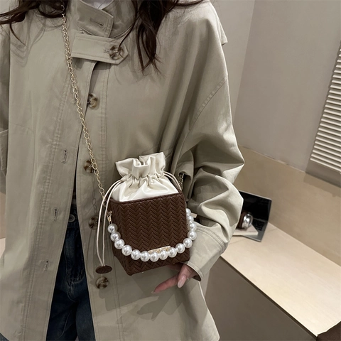 Fashion Woven Pattern Women Mini Bucket Bag Artificial Leather Drawstring Crossbody Bag With Artificial Pearl Handle Metal Chain