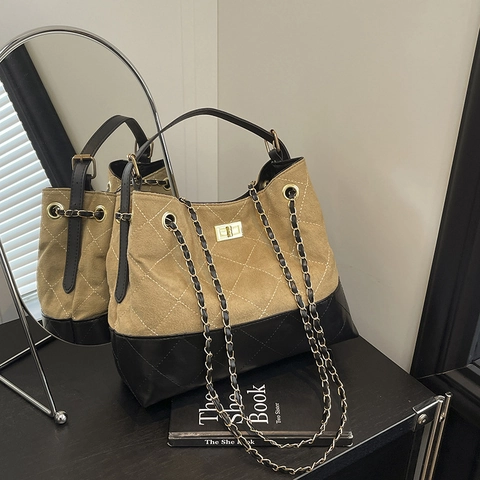 Bolso de Mano para Mujer Color de Contraste Patrón de Rombos Vintage PU Cadena Hombro Bandolera Con Cierre de Giro Moda