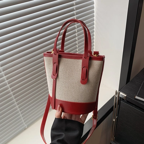 Bolso Cubo de Moda para Mujer Color de Contraste Lona Cuero de PU Retazos Bolso de Hombro Cruzado Bolso Elegante de Viaje