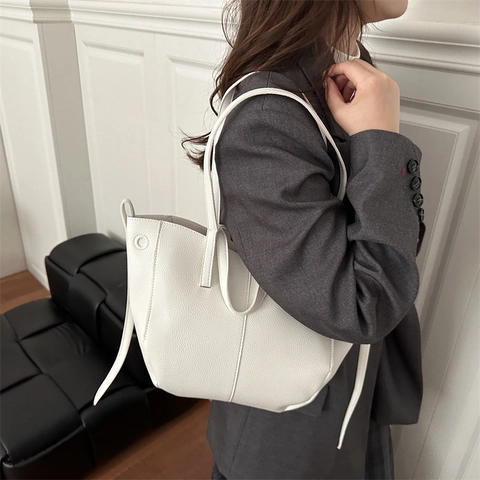 Borsa Tote in Pelle PU Donna Grande Capacità Cuciture a Contrasto Texture Litchi Borsa a Spalla Per Pendolarismo Quotidiano