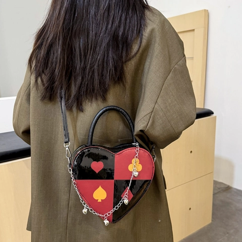 Women Heart Shaped Poker Pattern Crossbody Bag PU Leather Contrast Color Shoulder Bag With Metal Chain Small Handbag