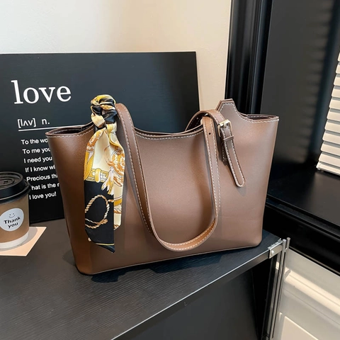 Vintage Large Capacity PU Leather Tote Bag For Women With Decorative Silk Scarf Contrast Stitching Shoulder Bag Commuter Handbag