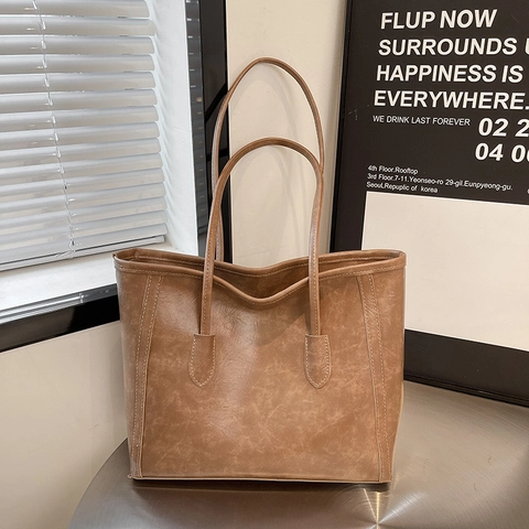 Borsa Tote in Pelle PU Vintage di Grande Capacità per Donna Retro con Cuciture Borsa a Tracolla da Pendolare Borsa da Scuola per Studenti