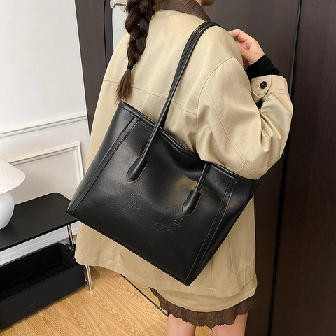Borsa Tote in Pelle PU Vintage di Grande Capacità per Donna Retro con Cuciture Borsa a Tracolla da Pendolare Borsa da Scuola per Studenti