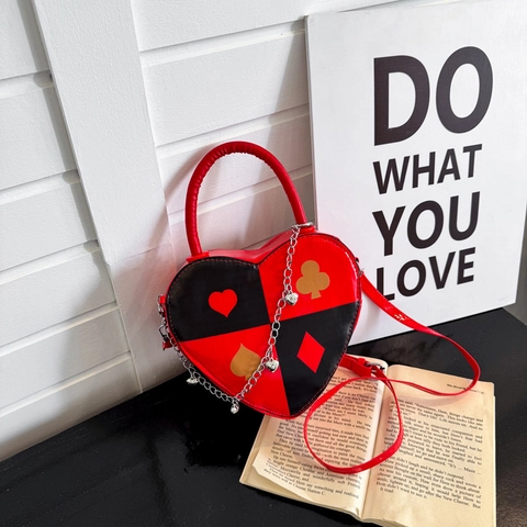 Bolso Bandolera De Corazón En Cuero PU Con Estampado De Póquer Y Cadena De Metal Bolso De Mano De Moda Para Mujer Diario