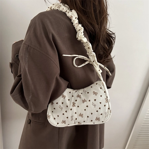 Damen Retro Cord Unterarmtasche Süße Schleife Herz Druck Falten Riemen Lässige Umhängetasche Schultertasche