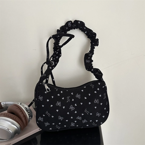 Damen Retro Cord Unterarmtasche Süße Schleife Herz Druck Falten Riemen Lässige Umhängetasche Schultertasche