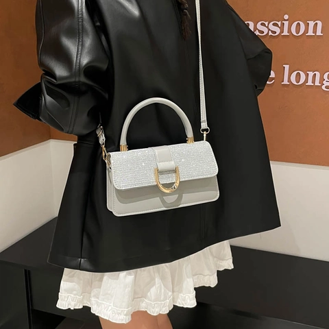 Dames Mode PU Leer Handtas Met Glitter Pailletten Flap Retro Vierkante Crossbodytas Metalen Gesp Trendy Woon-werkverkeer Schoudertas
