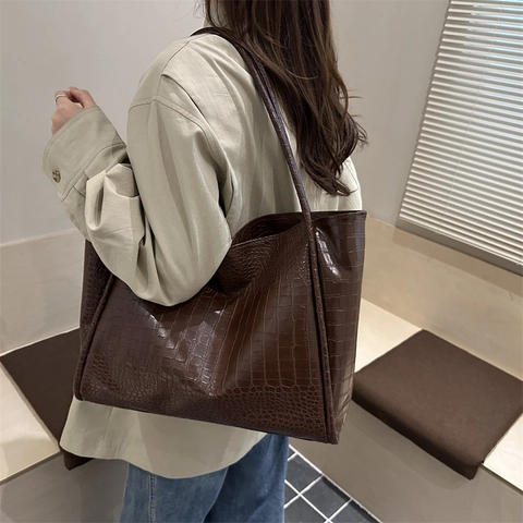 Women Large Capacity Crocodile Pattern PU Leather Tote Bag Vintage Casual Shoulder Bag All-match Daily Commuter Handbag