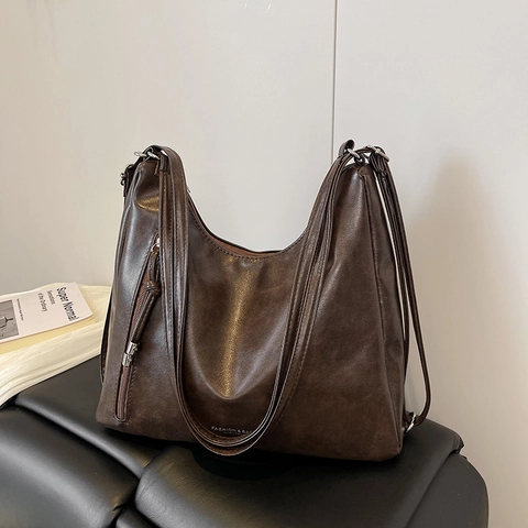 Women Vintage PU Leather Shoulder Backpack Large Capacity Hobo Bag For Commuting College Students Trendy Solid Color Daily Bag