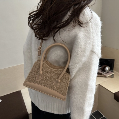 Women's Lamb Wool Patchwork Crossbody Bag Autumn Winter Small Square Handbag Adjustable Strap Fashion Shoulder Bag