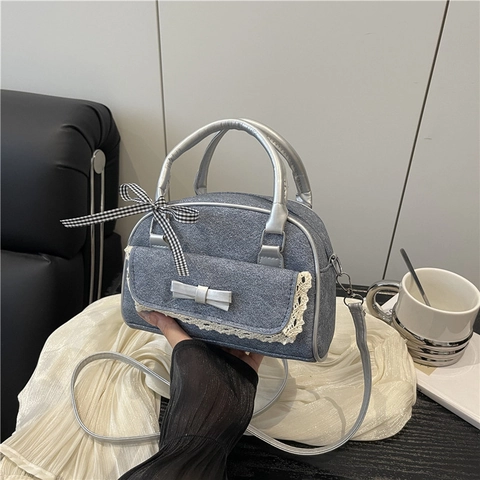 Women Sweet Denim Texture PU Leather Bowling Bag Contrast Color Lace Bow Crossbody Bag Vintage Ribbon Handbag Shoulder Bag