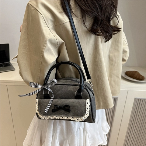 Women Sweet Denim Texture PU Leather Bowling Bag Contrast Color Lace Bow Crossbody Bag Vintage Ribbon Handbag Shoulder Bag
