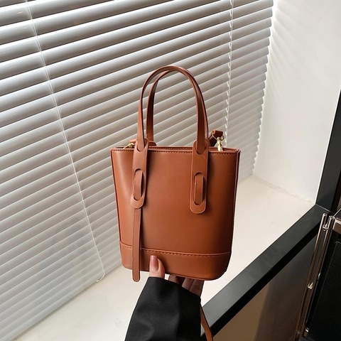 Sac Seau en Cuir PU Mode pour Femmes Style Coréen Décontracté Surpiqûres Contrastées Sac Bandoulière Main avec Poignée