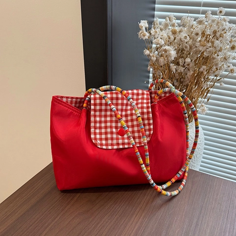 Borsa Tote in Nylon Rossa di Grande Capacità per Donna Borsa a Tracolla Retrò con Patta a Quadretti e Tracolla in Perline Colorate Handbag Casual per Pendolari