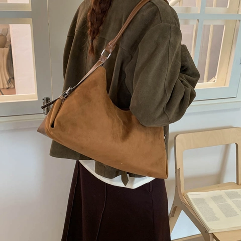 Borsa a Spalla Donna Vintage Effetto Camoscio in Pelle PU Hobo Bag Minimalista a Grande Capacità Borsa Sottobraccio Retrò