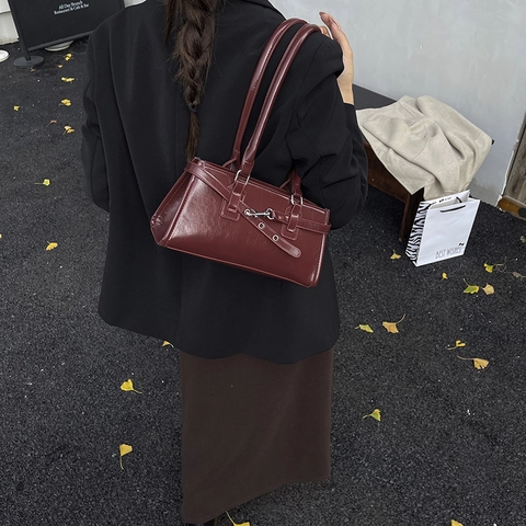 Borsa a Spalla Boston Vintage da Donna in Pelle PU Borsa Sottobraccio Rettangolare Con Cinturino a Fibbia Per Uso Quotidiano