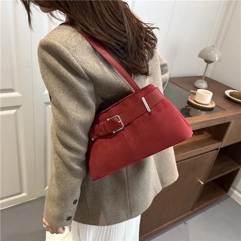 Borsa a Spalla da Donna in Camoscio Retrò Borsa Sottobraccio Vintage Con Fibbia della Cintura Grande Capacità Borsa Tote Minimalista