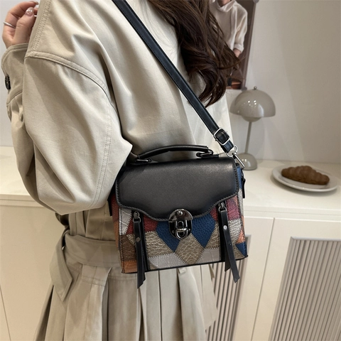 Women's Vintage Patchwork Small Square Crossbody Bag PU Leather Geometric Color Block Handbag Fashion Stitched Shoulder Bag