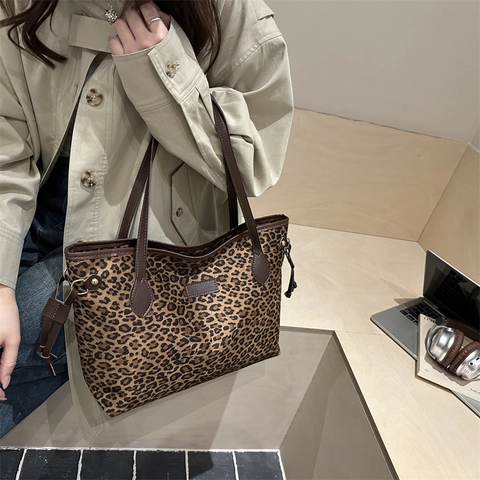 Vintage Leopardenmuster Tragetasche Mit Großer Kapazität Für Damen Lässige Canvas Schultertasche Mit PU Ledergriff Und Reißverschluss