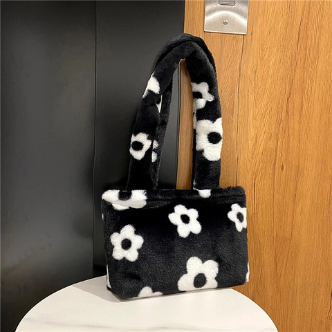 Bolso Tote de Peluche con Flores para Mujer Otoño Invierno de Piel Sintética al Hombro Casual Color de Contraste Chic
