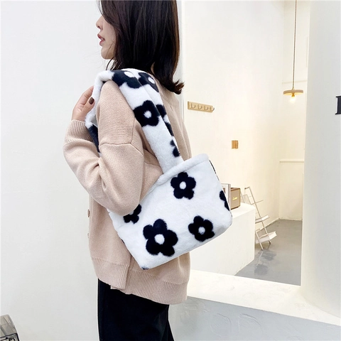 Bolso Tote de Peluche con Flores para Mujer Otoño Invierno de Piel Sintética al Hombro Casual Color de Contraste Chic