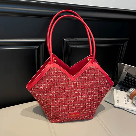 Trendy Dames Tweed Ruitjes Tote Tas Grote Capaciteit Koreaanse Stijl Kleurblok Splitsing V-Vormige Schoudertas Voor Dagelijks