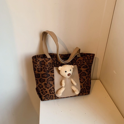 Bolsa Tote Retro con Estampado de Leopardo para Mujer Gran Capacidad Bolso de Hombro con Oso de Peluche 3D