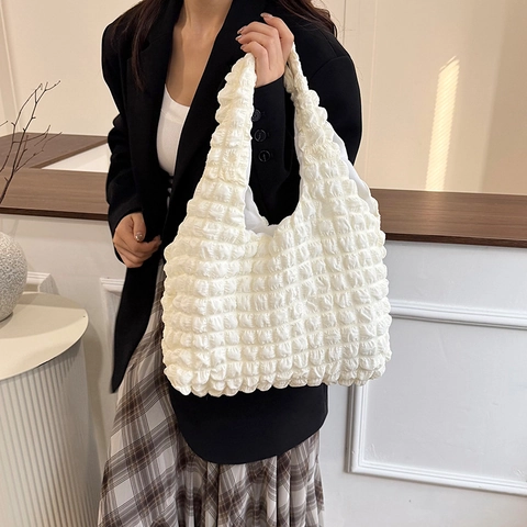 Sac à Épaule Grande Capacité Texture Bulles de Pop-Corn Sac Fourre-tout Rayé et Plissé pour Femme Trajet Quotidien Sac Maman