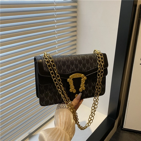 Vintage Monogram PU Leer Crossbody Tas Voor Vrouwen Metalen Ketting Mode Print Flap Schouder Kleine Vierkante Tas