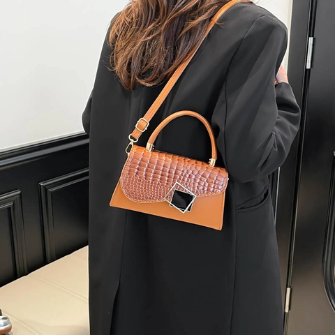 Sac Carré en Cuir PU Élégant Motif Crocodile pour Femmes Sac Bandoulière Vintage Boucle en Métal Fourre-tout Quotidien Navette
