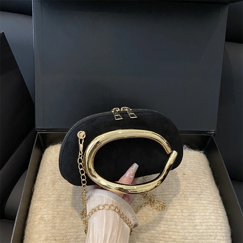 Women Vintage Suede Small Square Bag Metal Handle Gold Chain Strap Frosted Evening Banquet Clutch Crossbody Handbag
