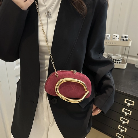 Women Vintage Suede Small Square Bag Metal Handle Gold Chain Strap Frosted Evening Banquet Clutch Crossbody Handbag