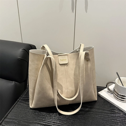 Bolso Tote de Mujer Retro Simple de Gran Capacidad de Cuero de PU Moda Versátil Viaje Bolso de Hombro Bolso de Axila Color Sólido