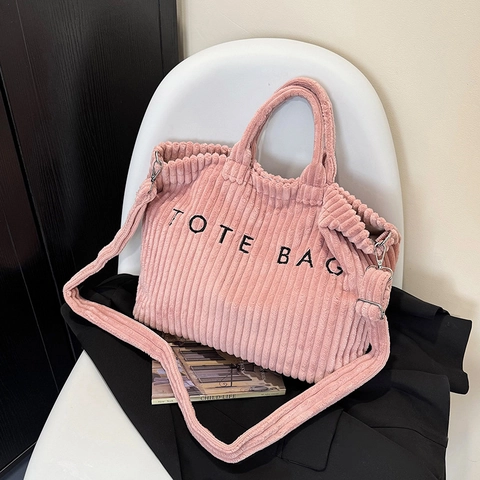 Sac Cabas en Velours Côtelé de Grande Capacité pour Femmes Avec Broderie de Lettres Bandoulière Réglable Sac à Épaule Décontracté