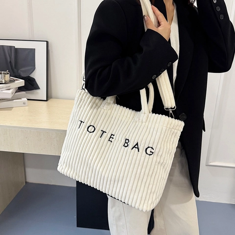 Sac Cabas en Velours Côtelé de Grande Capacité pour Femmes Avec Broderie de Lettres Bandoulière Réglable Sac à Épaule Décontracté