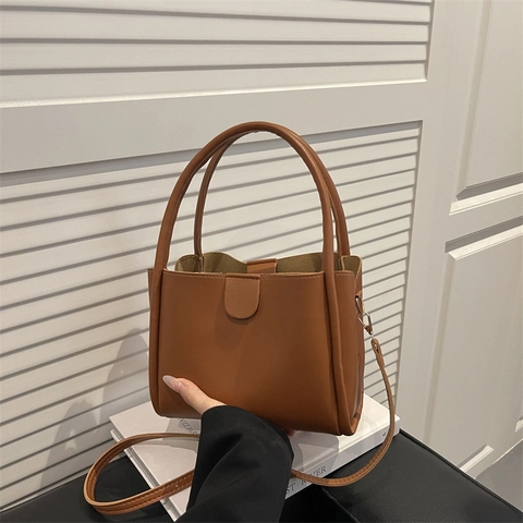 Bolso de Cubo de Cuero PU Vintage Minimalista Color Sólido Mujer Bolso Bandolera Moda Con Correa Uso Diario