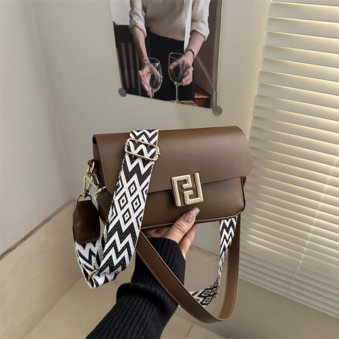 Sac Bandoulière Femme en Cuir PU Mode Sac à Épaule Carré Vintage Double Sangles Rabat Boucle Métal Doré Sacs à Main