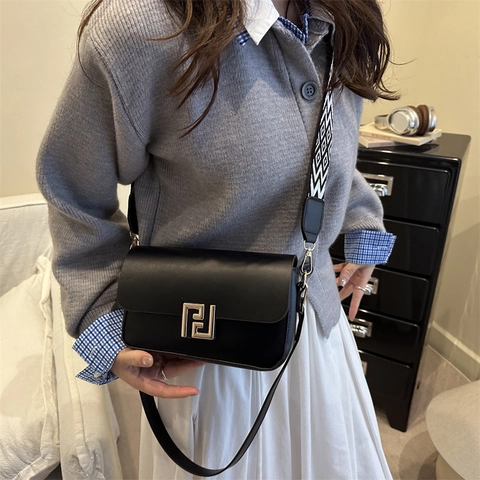 Sac Bandoulière Femme en Cuir PU Mode Sac à Épaule Carré Vintage Double Sangles Rabat Boucle Métal Doré Sacs à Main