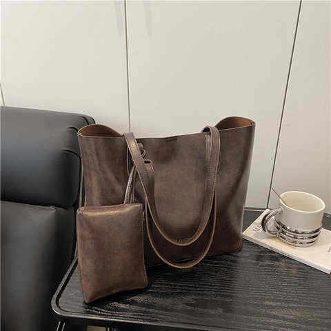 Large Capacity Women PU Leather Tote Bag With Pouch Fashion Korean Style Shoulder Handbag Commuter Solid Color Hand Bag