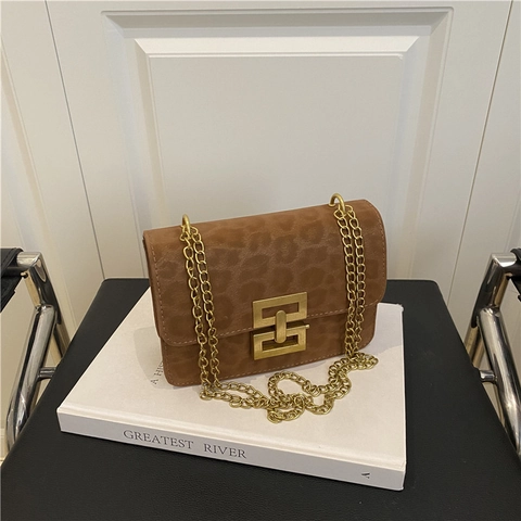 Mode Luipaardprint Synthetisch Leer Crossbodytas Voor Dames Vintage Gouden Ketting Metalen Slot Kleine Vierkante Schoudertas