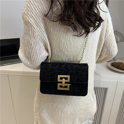 Mode Luipaardprint Synthetisch Leer Crossbodytas Voor Dames Vintage Gouden Ketting Metalen Slot Kleine Vierkante Schoudertas