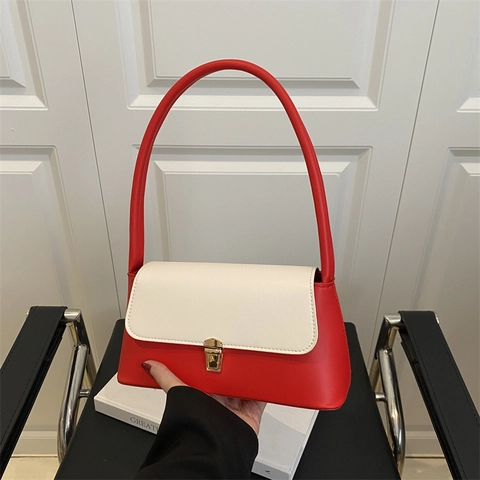 Franse Stijl Baguette Tas Vrouwen PU Leer Contrast Kleur Schoudertas Elegante Ondertast Metalen Gesp Veelzijdige Mode Handtas