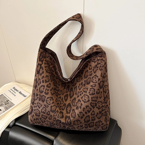 Bolso Tote Grande de Estampado de Leopardo para Mujer Cuero PU de Gamuza Bolso de Hombro Retro Fashion Commuter Hobo Bolso